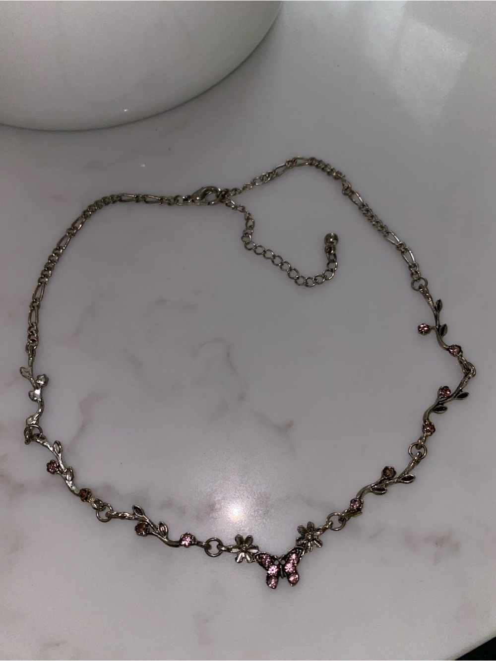 Y2K Vintage Silver-Tone Pink Rhinestones Butterfly & Floral Choker Necklace